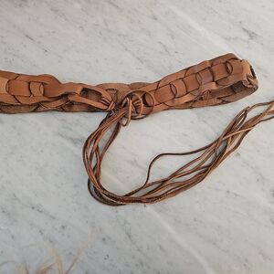 Women's Boho Woven Leather Belt with Fringe Detail